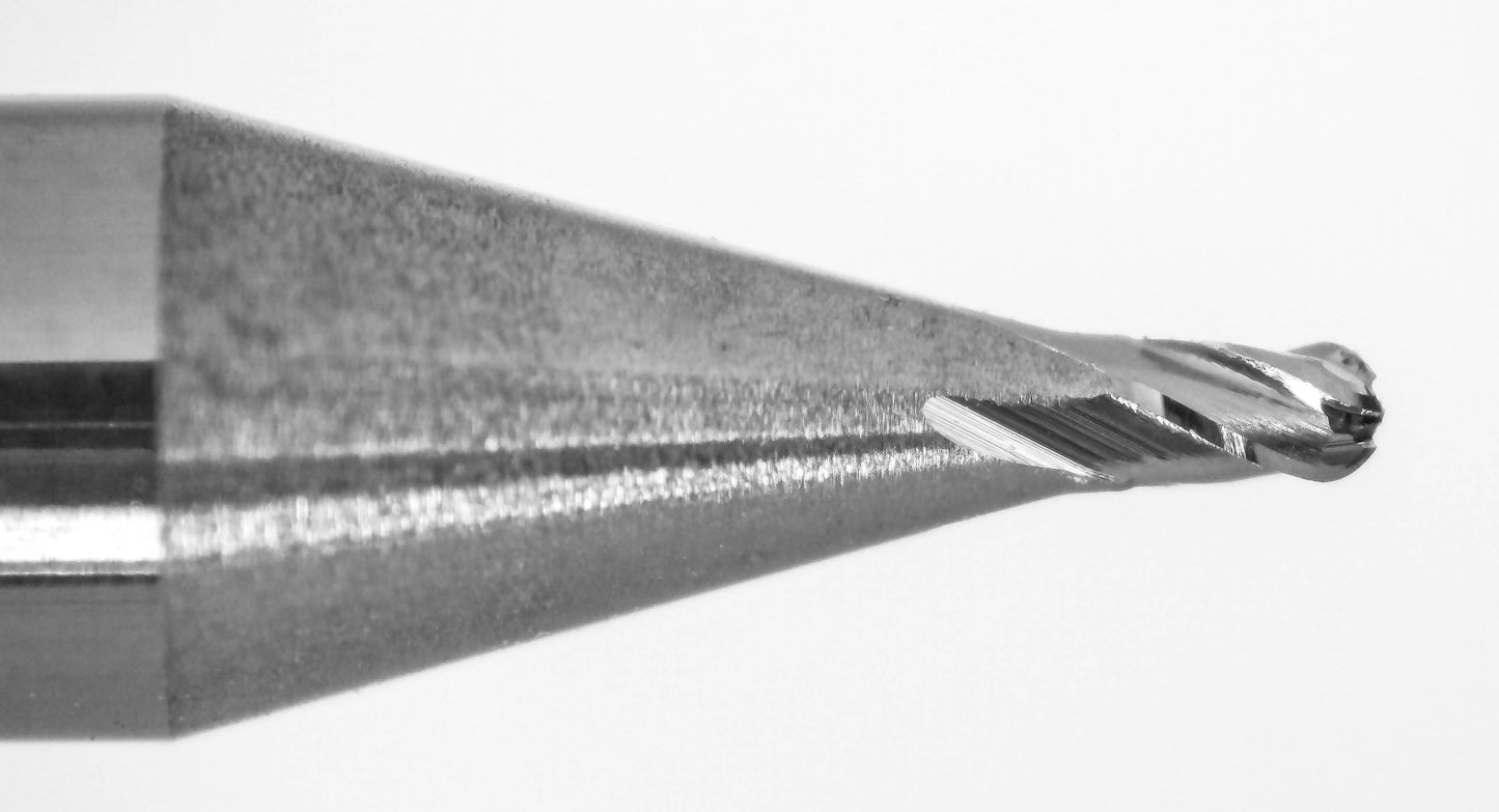 cutting tip close up of 0.029 inch 4 flute carbide ball nose end mill Kyocera 1835-0290.043