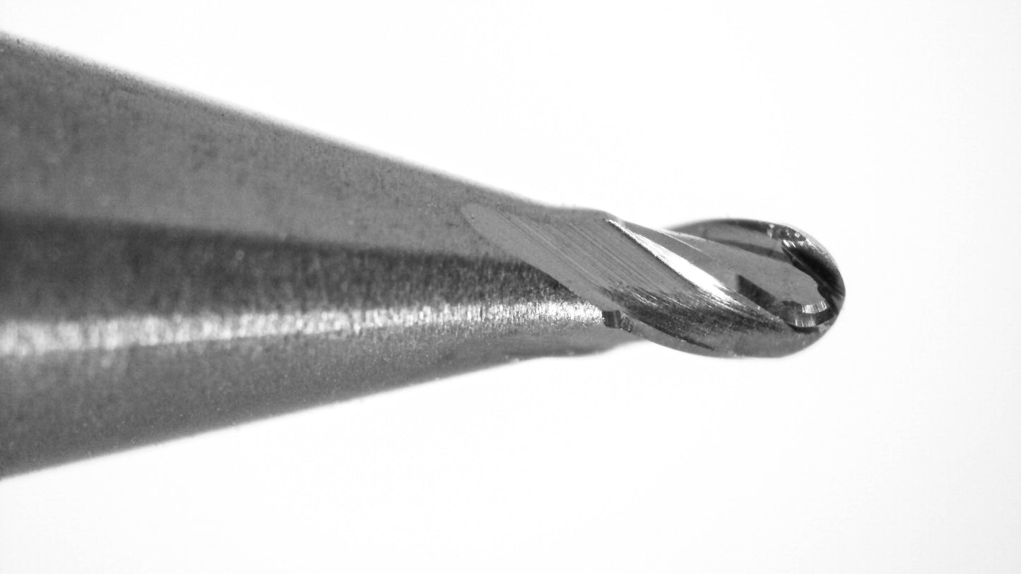 cutting tip close up of 0.033 inch 4 flute AlTiN coated carbide ball nose end mill 1835-0330L049