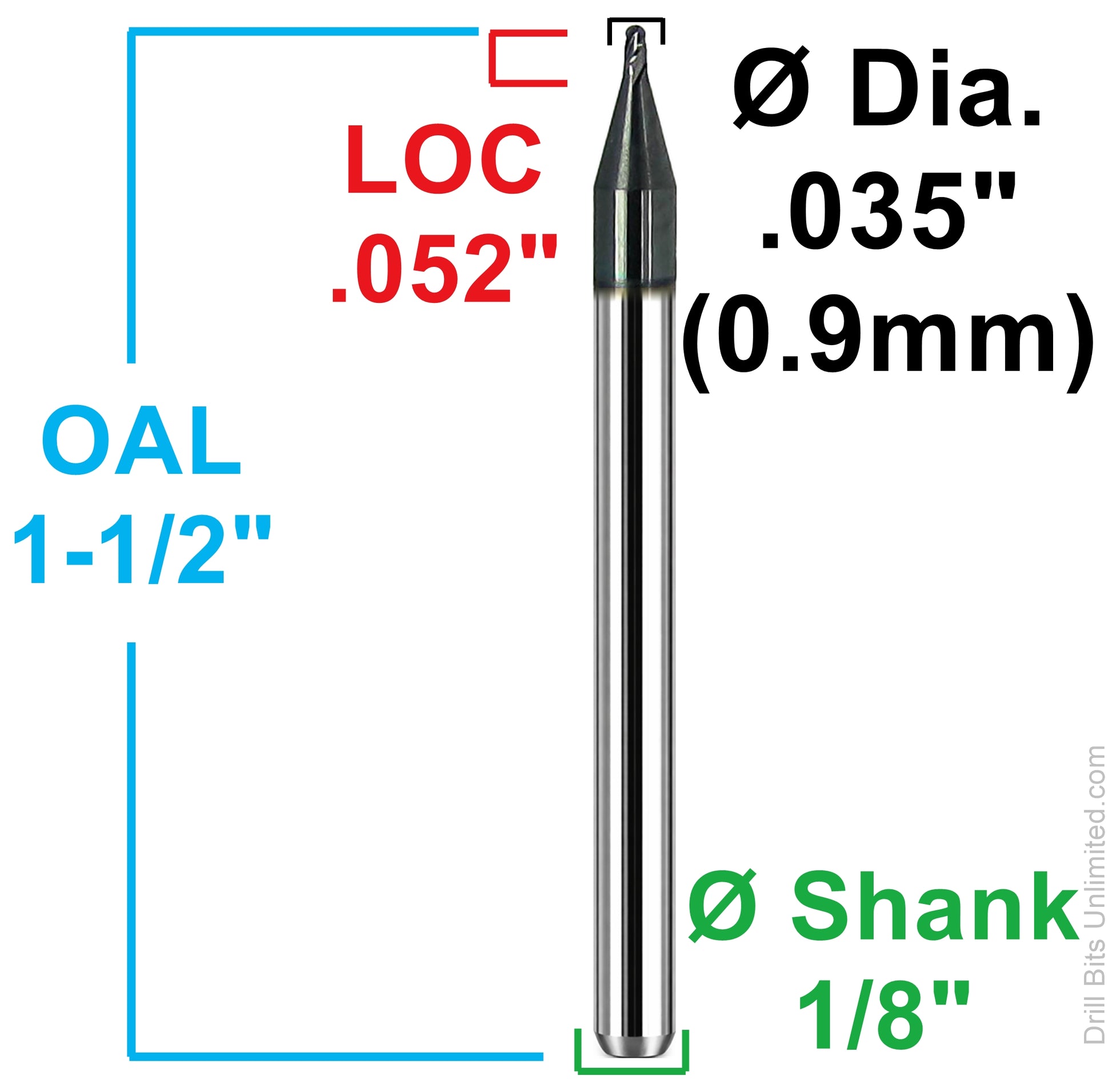 Kyocera 0.035 inch ball nose end mill dimensional diagram showing 0.052 inch LOC and 1/8 inch shank