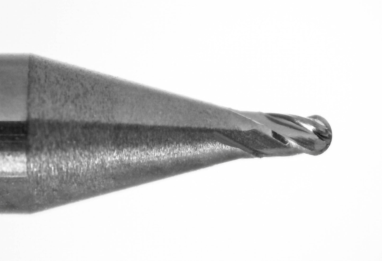 Close-up of Kyocera 0.035 inch ball nose end mill tip with AlTiN coating