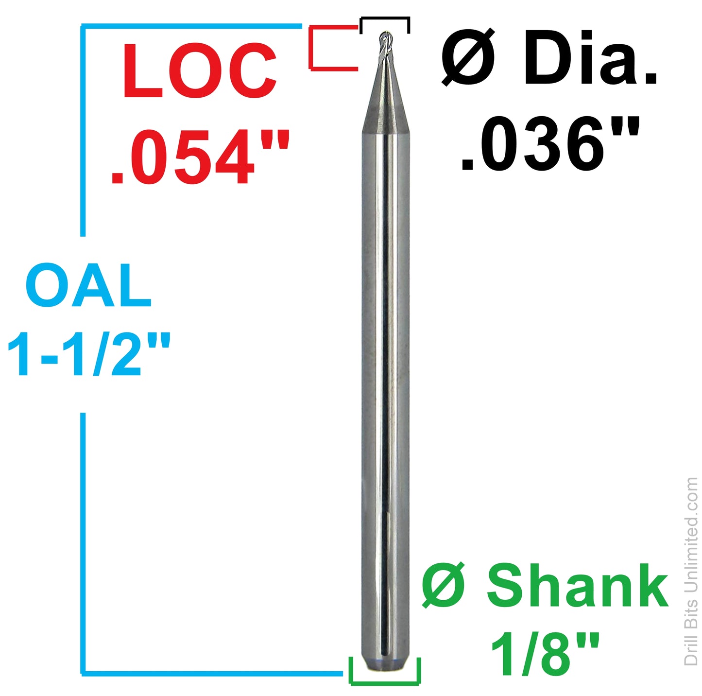 dimension diagram showing 0.036 inch diameter, 0.054 inch LOC, 1.5 inch OAL and 1/8 inch shank Kyocera ball nose end mill 1835-0360.054