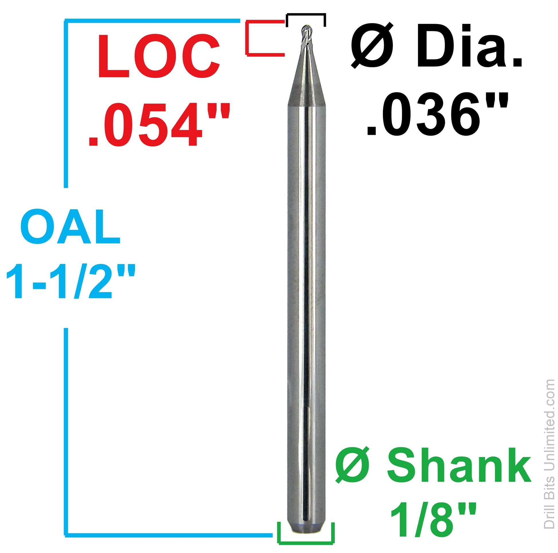 dimension diagram showing 0.036 inch diameter, 0.054 inch LOC, 1.5 inch OAL and 1/8 inch shank Kyocera ball nose end mill 1835-0360.054