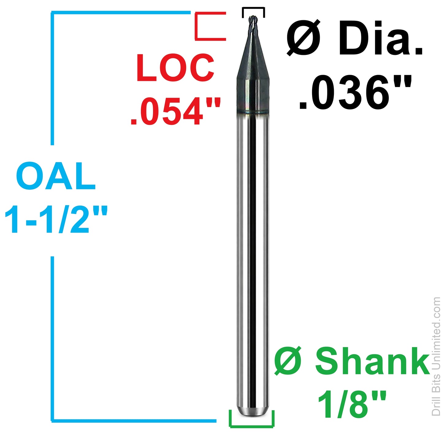 Kyocera 0.036 inch ball nose end mill dimensional diagram showing 0.054 inch LOC and 1/8 inch shank