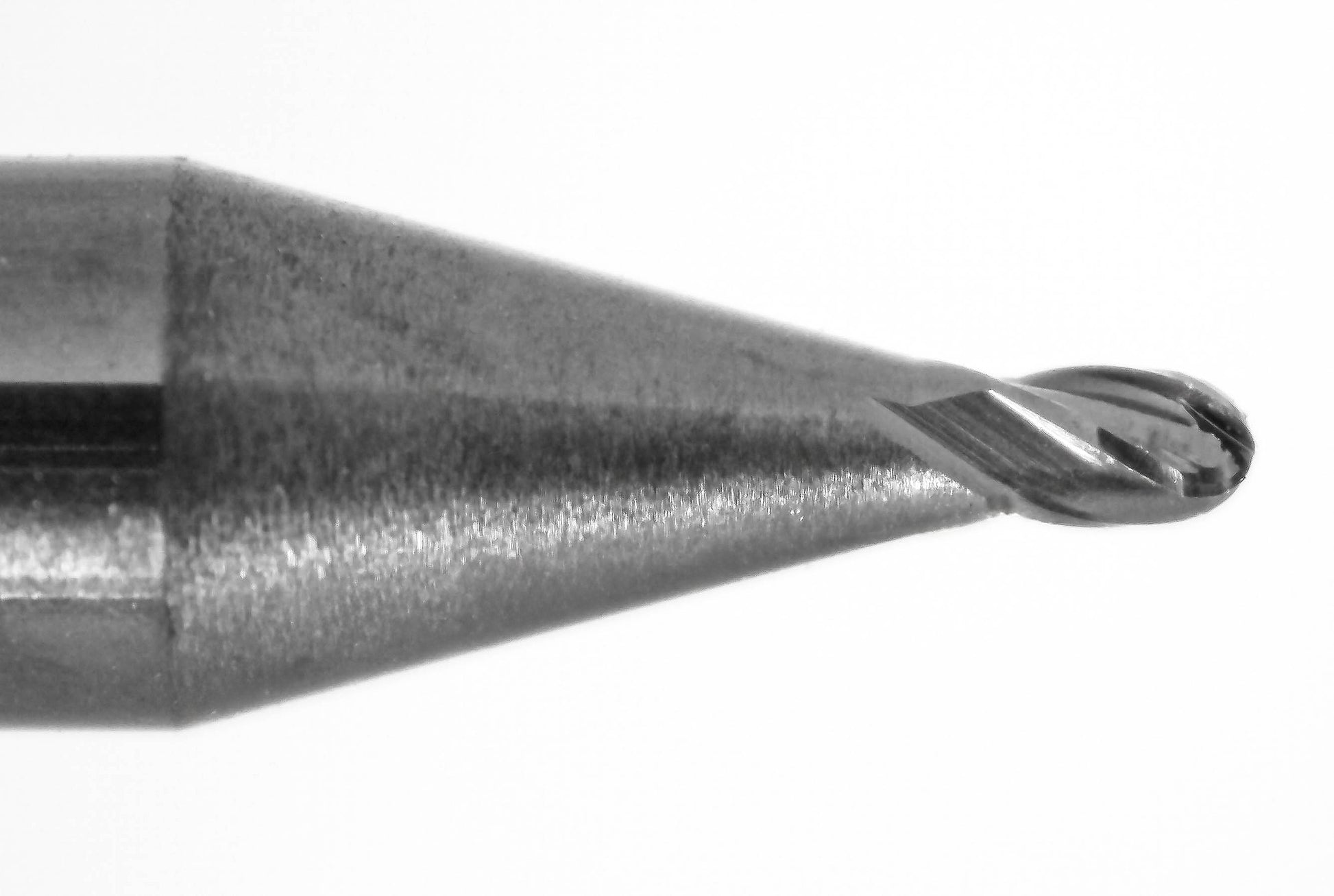 Close-up of Kyocera 0.036 inch ball nose end mill tip with AlTiN coating