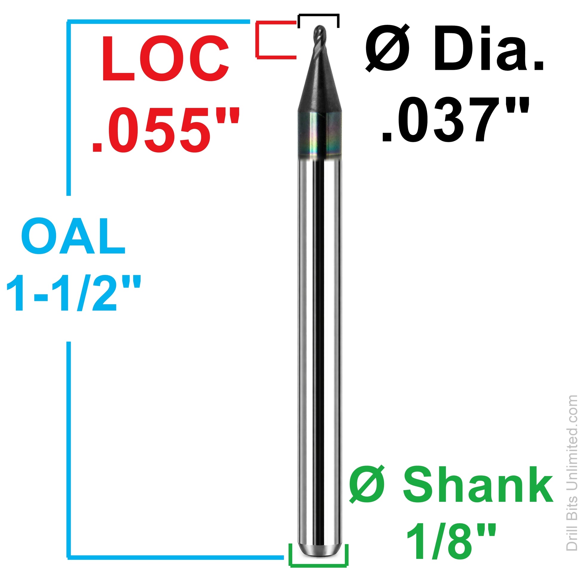dimension diagram showing 0.037 inch diameter, 0.055 inch LOC, 1.5 inch OAL and 1/8 inch shank carbide ball nose end mill 1835-0370L055