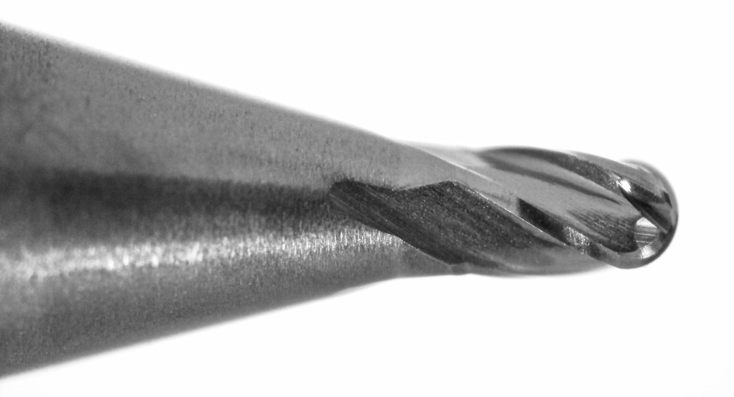 cutting tip close up of 0.037 inch 4 flute AlTiN coated carbide ball nose end mill 1835-0370L055