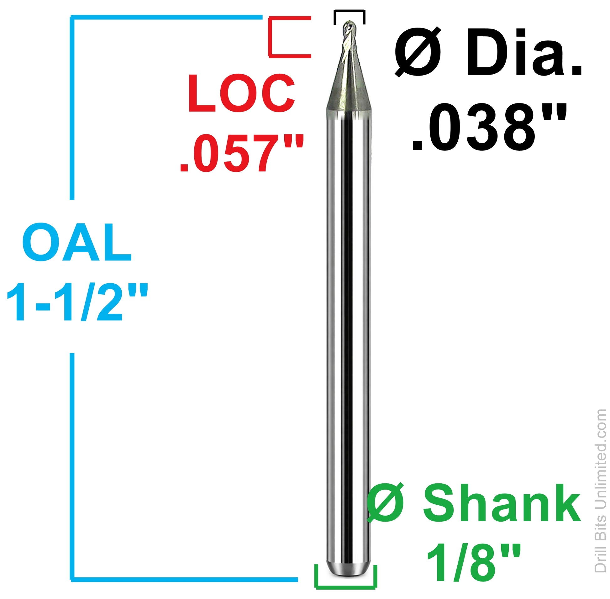 Kyocera 0.038 inch ball nose end mill dimensional diagram showing 0.057 inch LOC and 1/8 inch shank