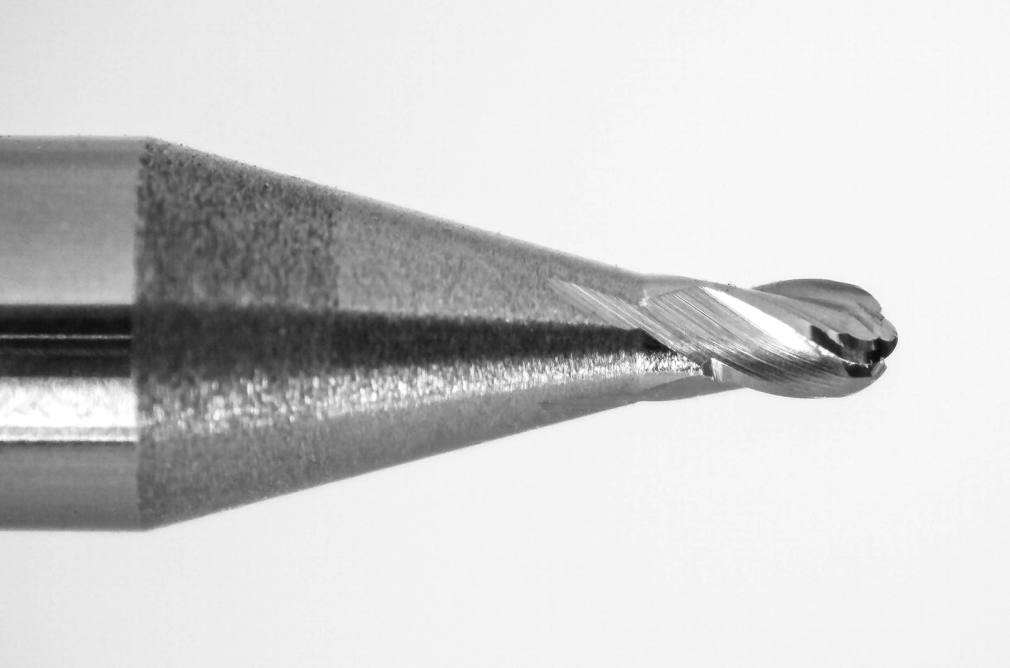 Close-up of Kyocera 0.038 inch ball nose end mill tip uncoated carbide