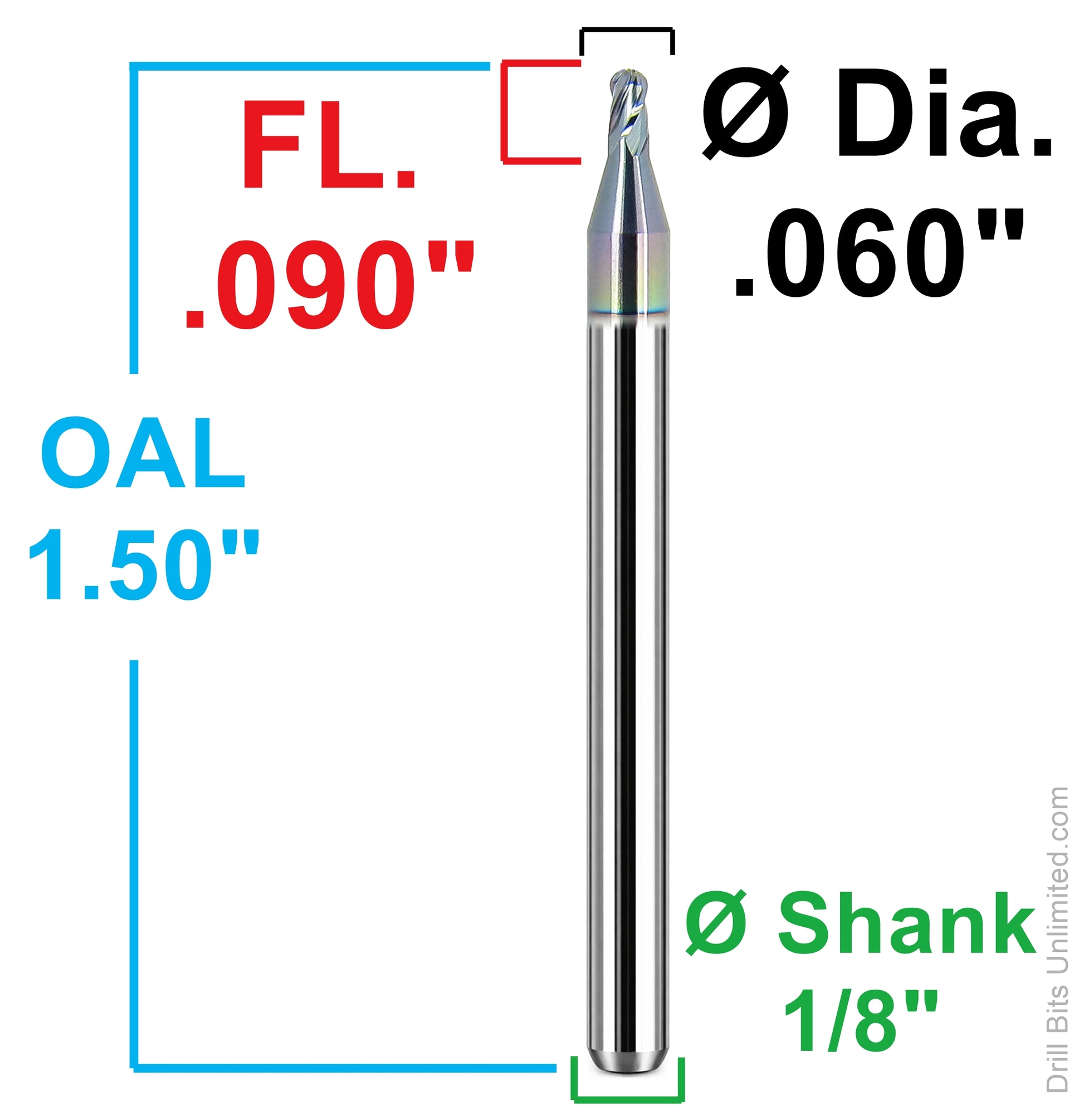 Kyocera .060 ball nose carbide end mill dimensions 1835-0600L090