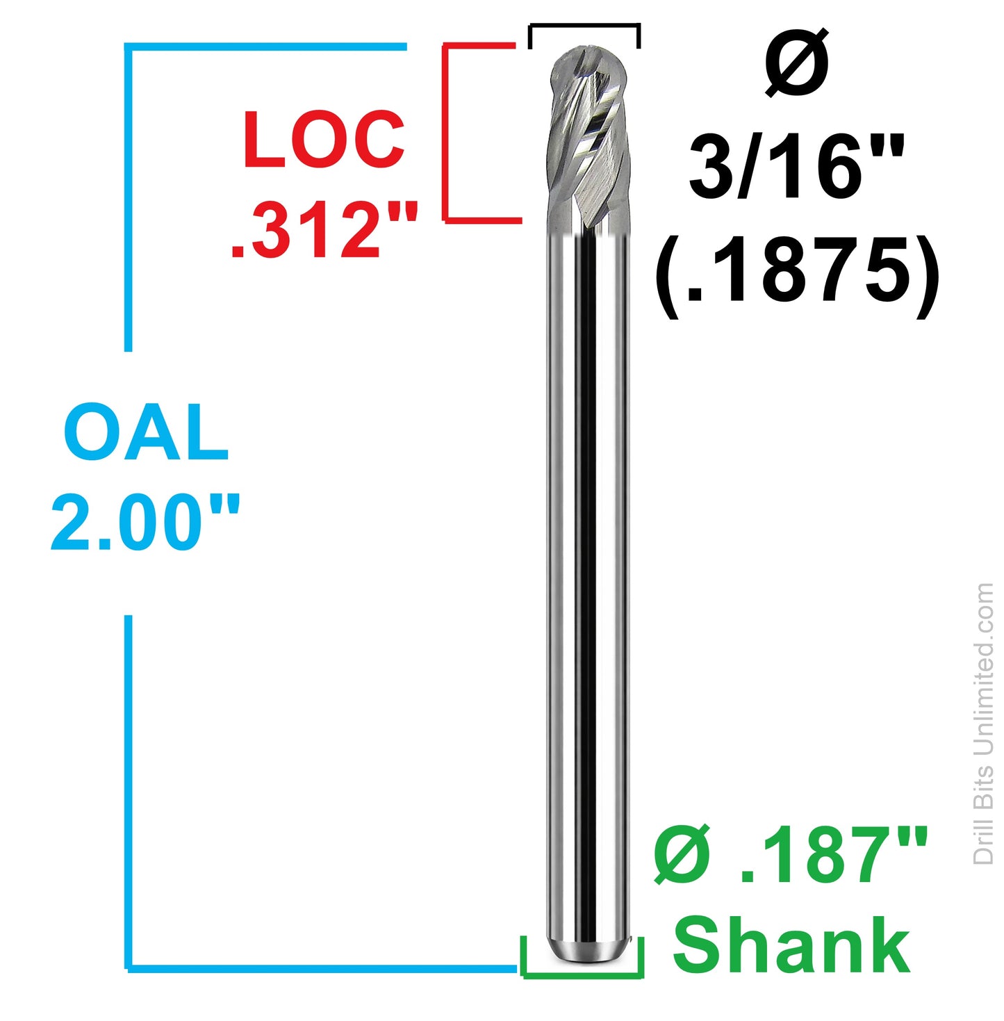dimension diagram showing 3/16 inch diameter, 0.312 inch LOC, 2 inch OAL and 0.187 inch shank Kyocera USA ball nose end mill 1835-1875.312