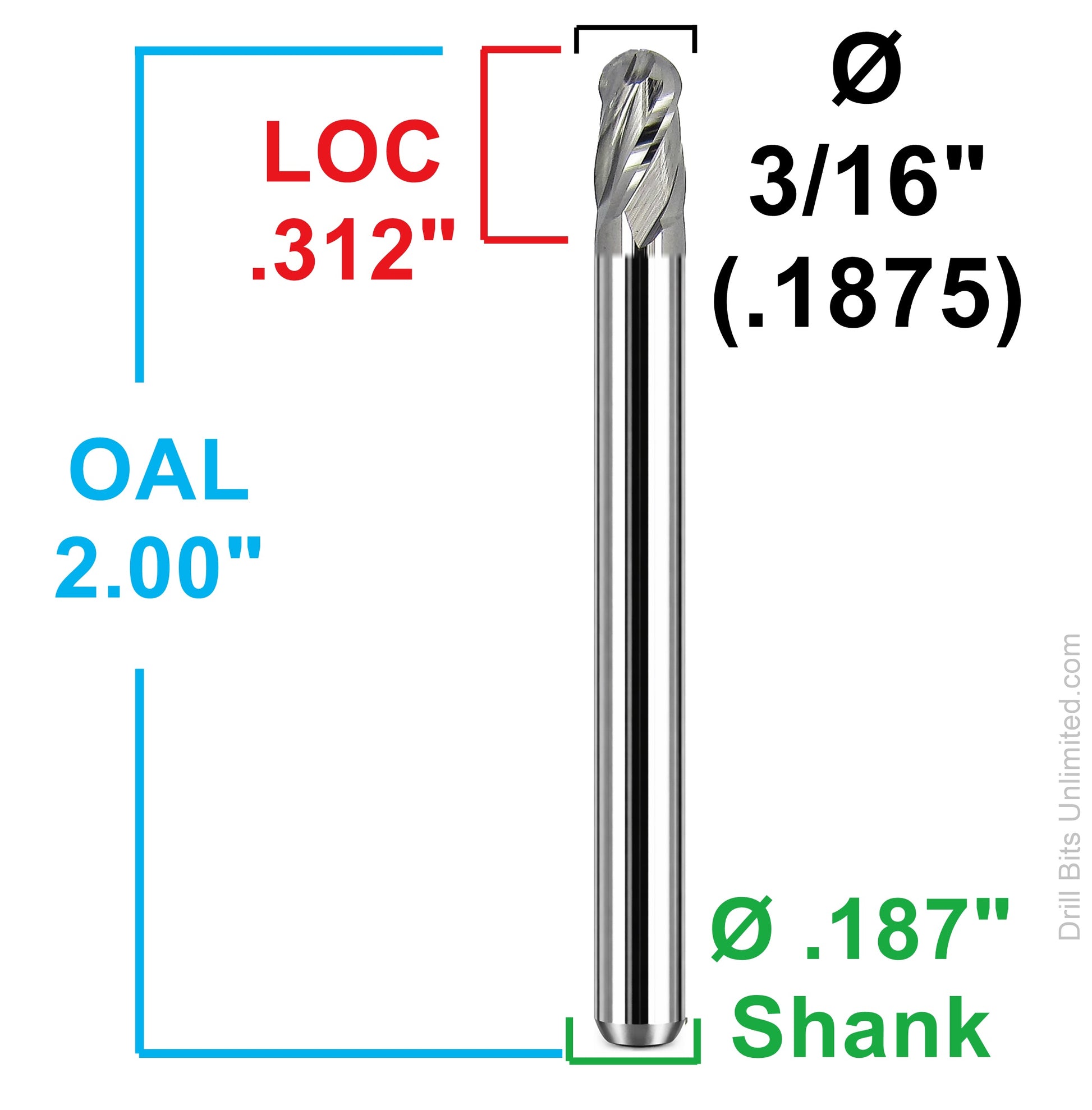 dimension diagram showing 3/16 inch diameter, 0.312 inch LOC, 2 inch OAL and 0.187 inch shank Kyocera USA ball nose end mill 1835-1875.312