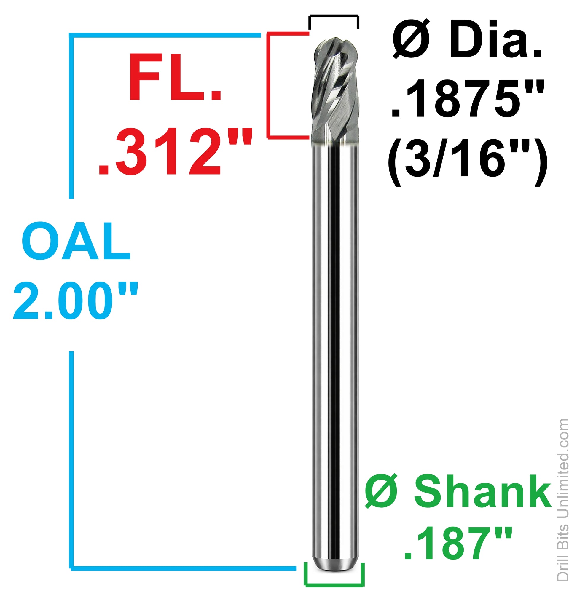 Kyocera 3/16 ball nose carbide end mill dimensions 1835-1875D3112