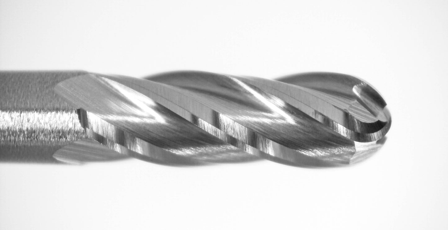 0.0900 inch 4-flute extended reach ball nose carbide end mill with 1/8 inch shank and bright closeup