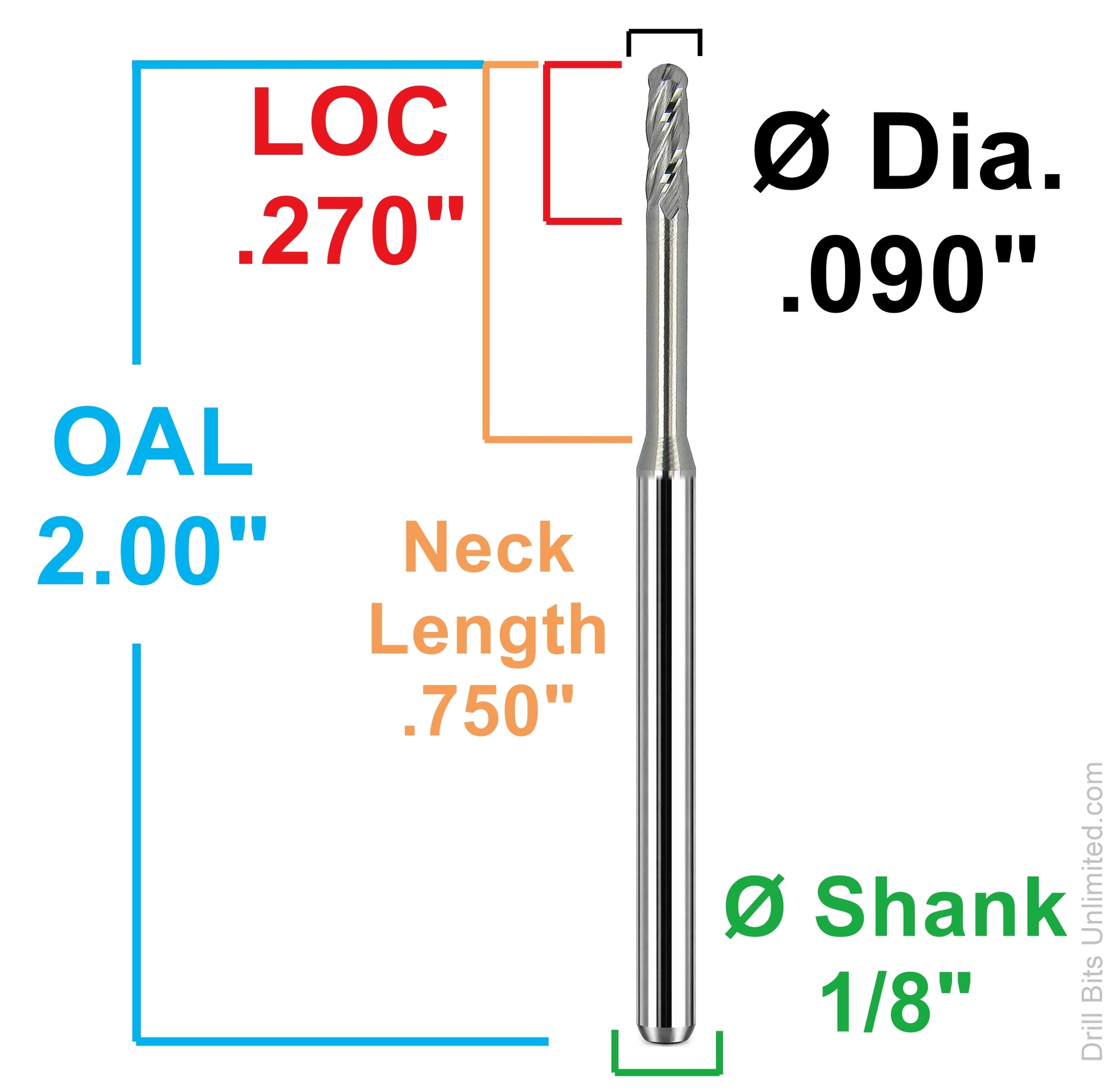 Dimensional drawing of 0.0900 inch extended reach ball nose carbide end mill with 0.270 inch LOC, 0.750 inch neck length, 1-1/2 inch OAL, and 1/8 inch shank