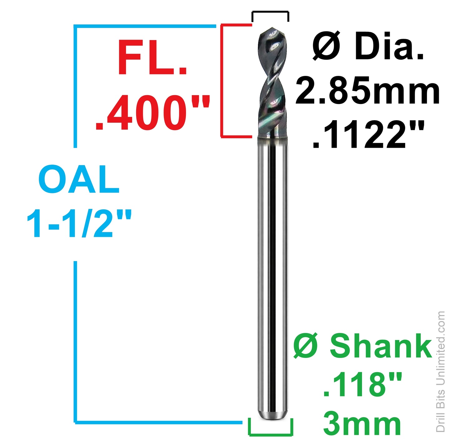 2.85mm (0.1122") carbide micro drill bit dimensions flute length 0.400 inch shank 3mm Kyocera 226-1122L400