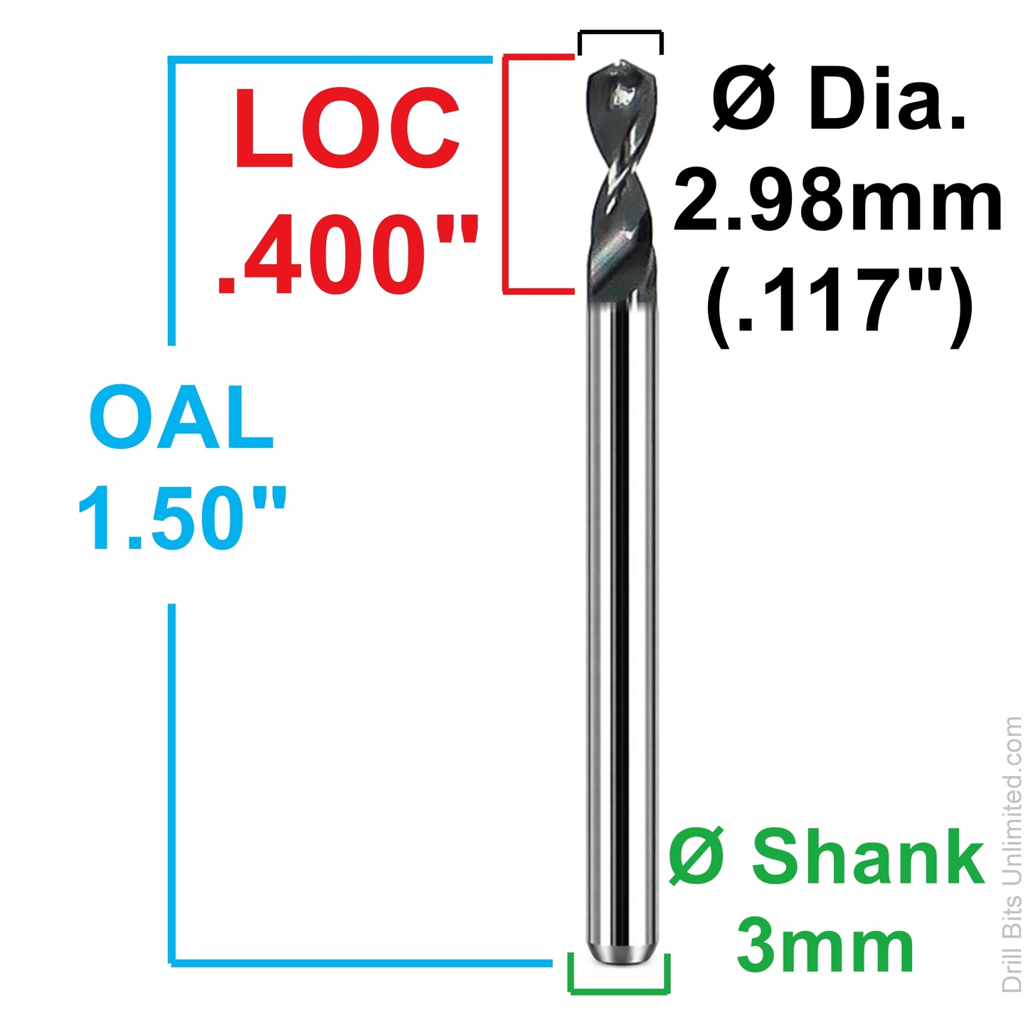 2.98mm 0.117 inch carbide micro drill dimensions loc 0.400 oal 1.50 shank 3mm
