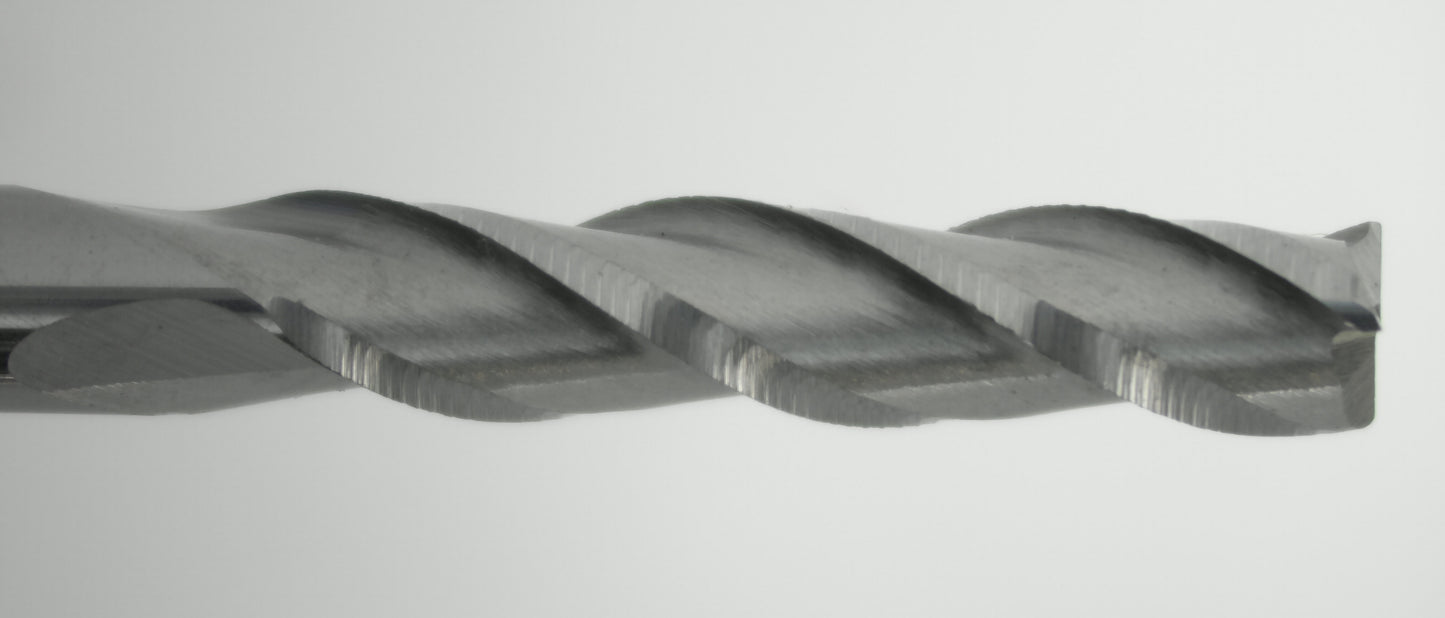 close up 3 flute carbide end mill cutting edges
