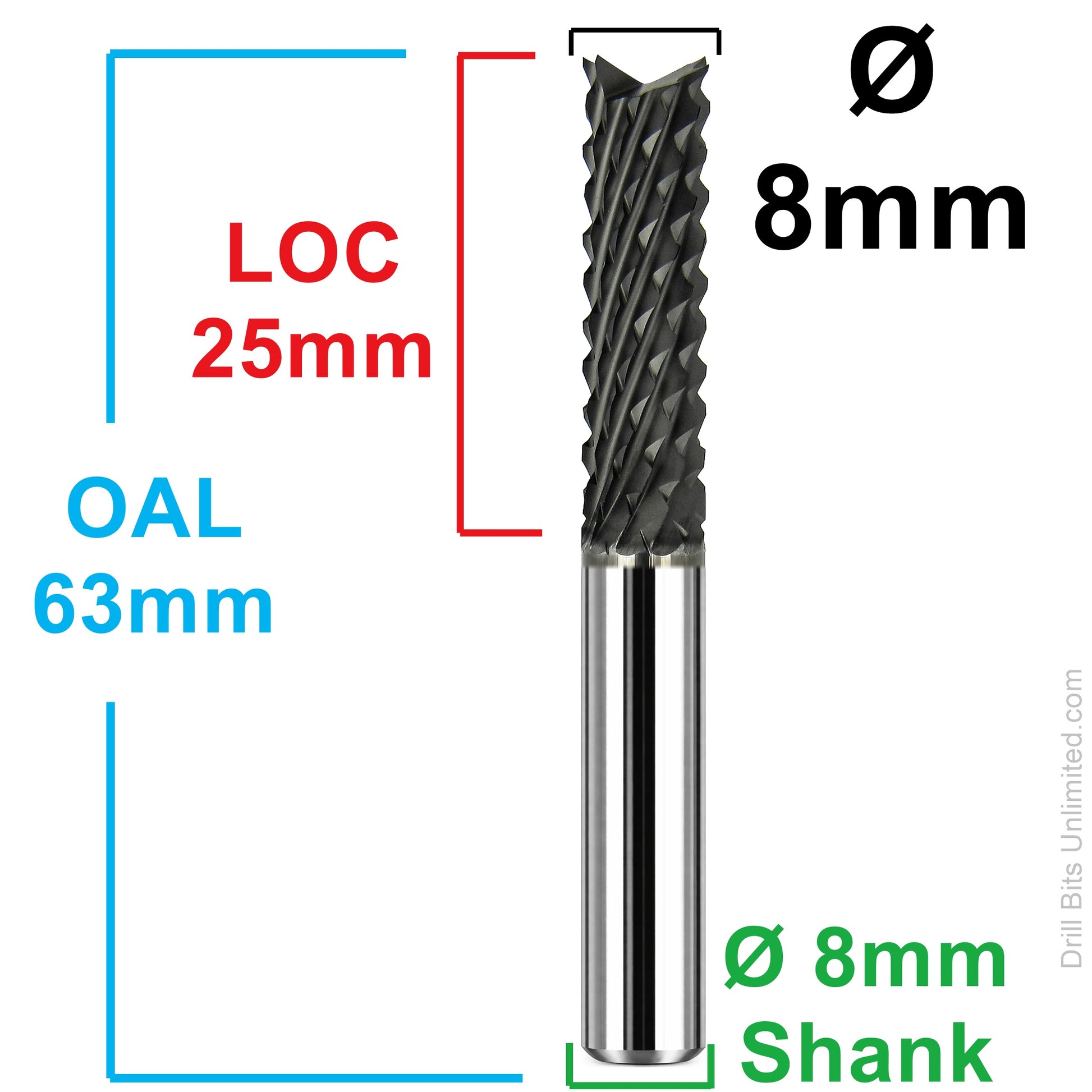 Dimensional drawing of 8.00mm CVD diamond coated fish tail up-cut router bit with 25mm LOC, 63mm OAL, and 8mm shank