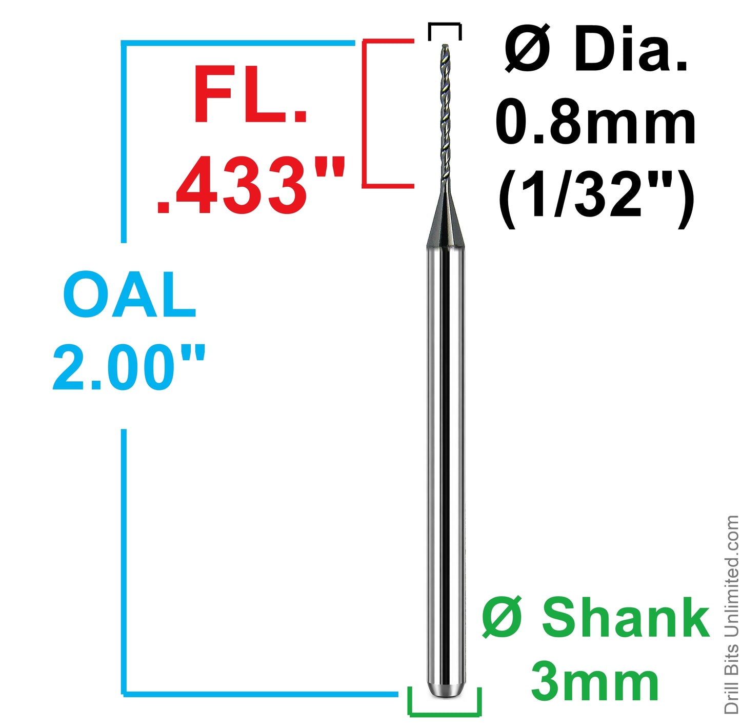 Kyocera 0.80mm micro drill dimensional diagram showing 0.433 inch flute length 2.00 inch overall length and 3mm shank