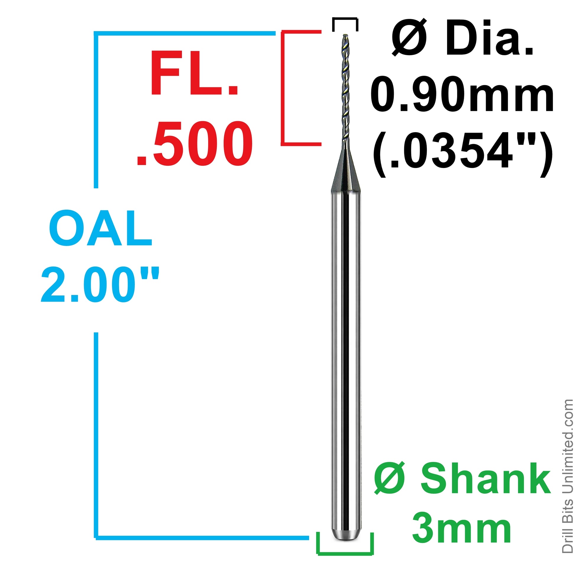 Kyocera 0.90mm micro drill dimensional diagram showing 0.500 inch flute length 2.00 inch overall length and 3mm shank