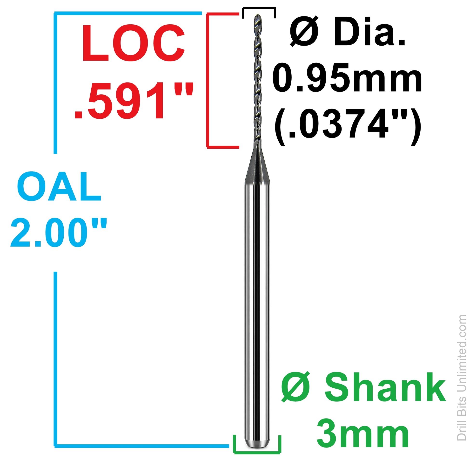 Kyocera 0.95mm micro drill dimensional diagram showing 0.591 inch flute length 2.00 inch overall length and 3mm shank