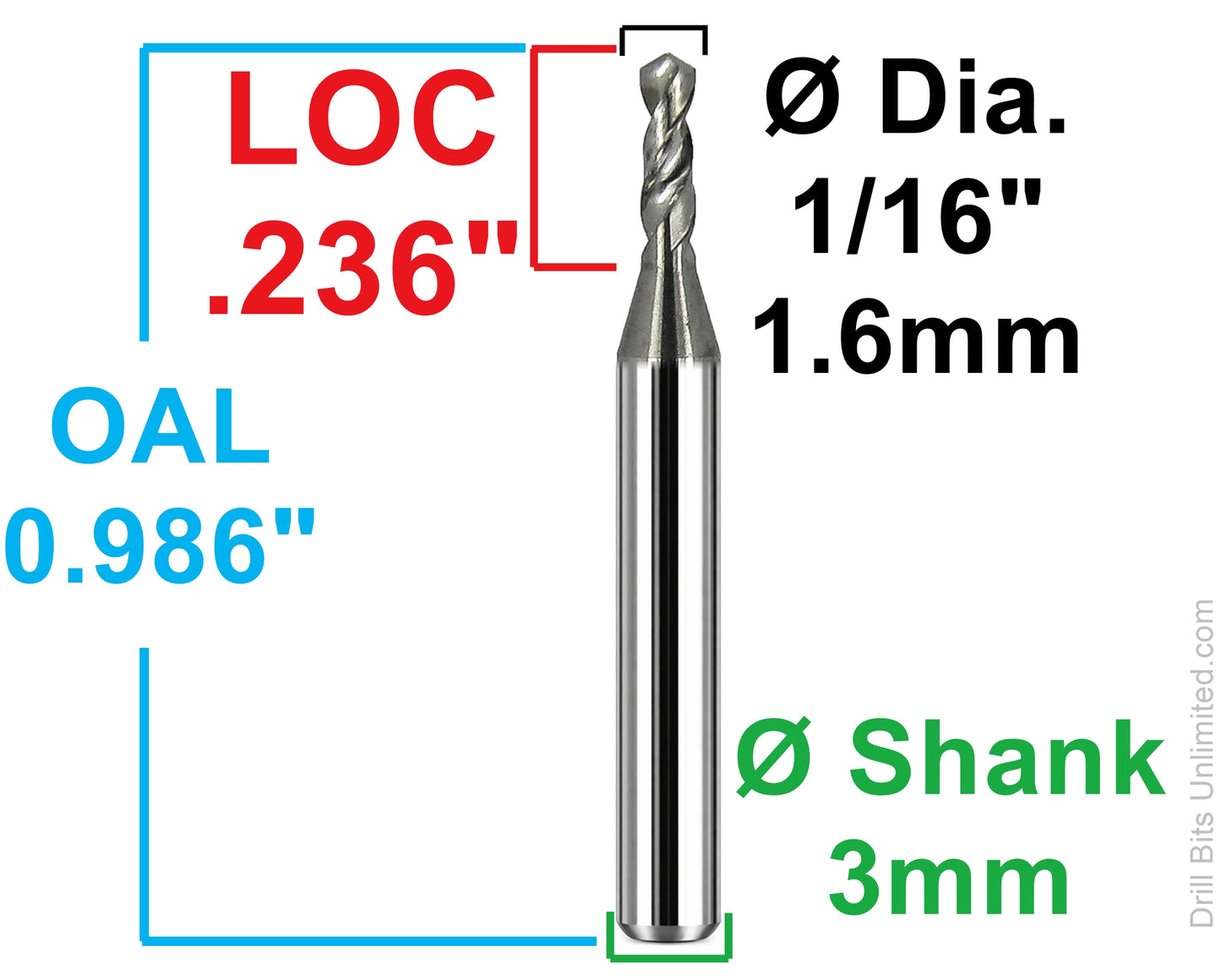 Kyocera 1.60mm micro drill dimensional diagram showing 0.236 inch flute length 0.986 inch overall length and 3mm shank