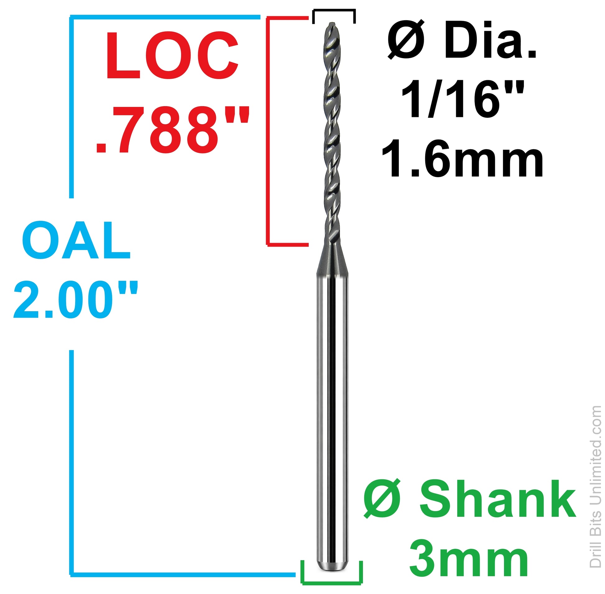 Kyocera 1.60mm micro drill dimensional diagram showing 0.788 inch flute length 2.00 inch overall length and 3mm shank