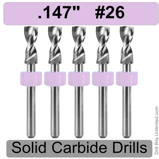 .147" #26 - Drill Bits - FIVE Piece Set with 1/8" Shanks Solid Carbide