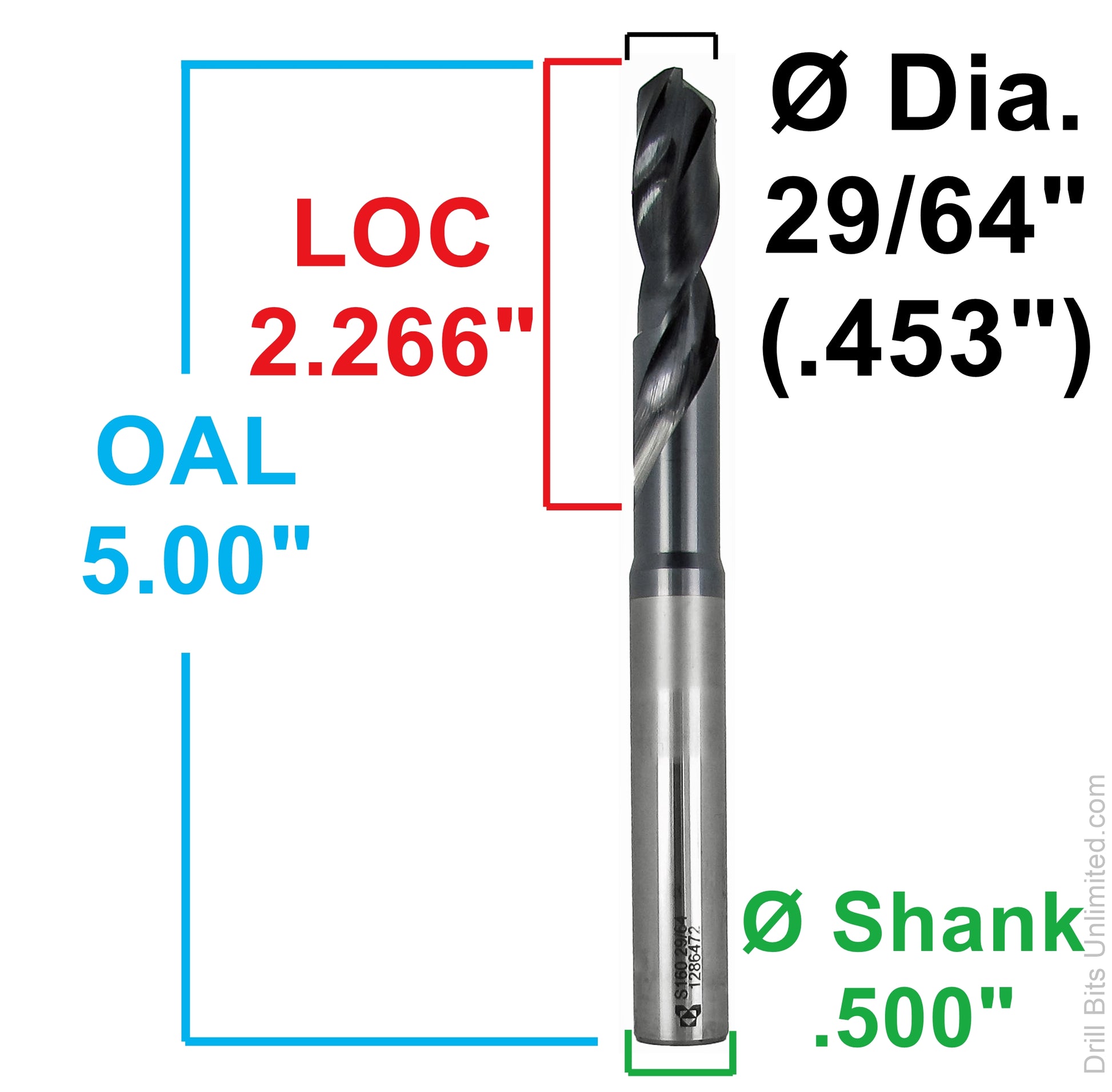 29/64 inch 0.4531 drill dimensions loc 2.266 oal 5.00 shank 0.500