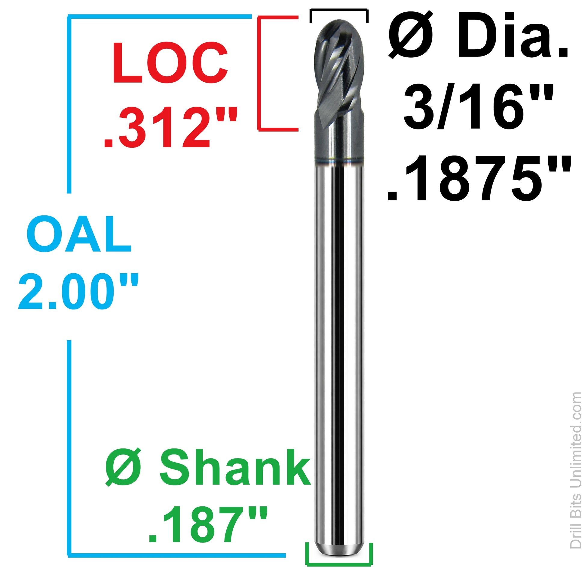 3/16 inch ball nose carbide end mill dimensions 0.312 inch LOC 2.00 inch OAL 3/16 inch shank Kyocera 1835-1875L312