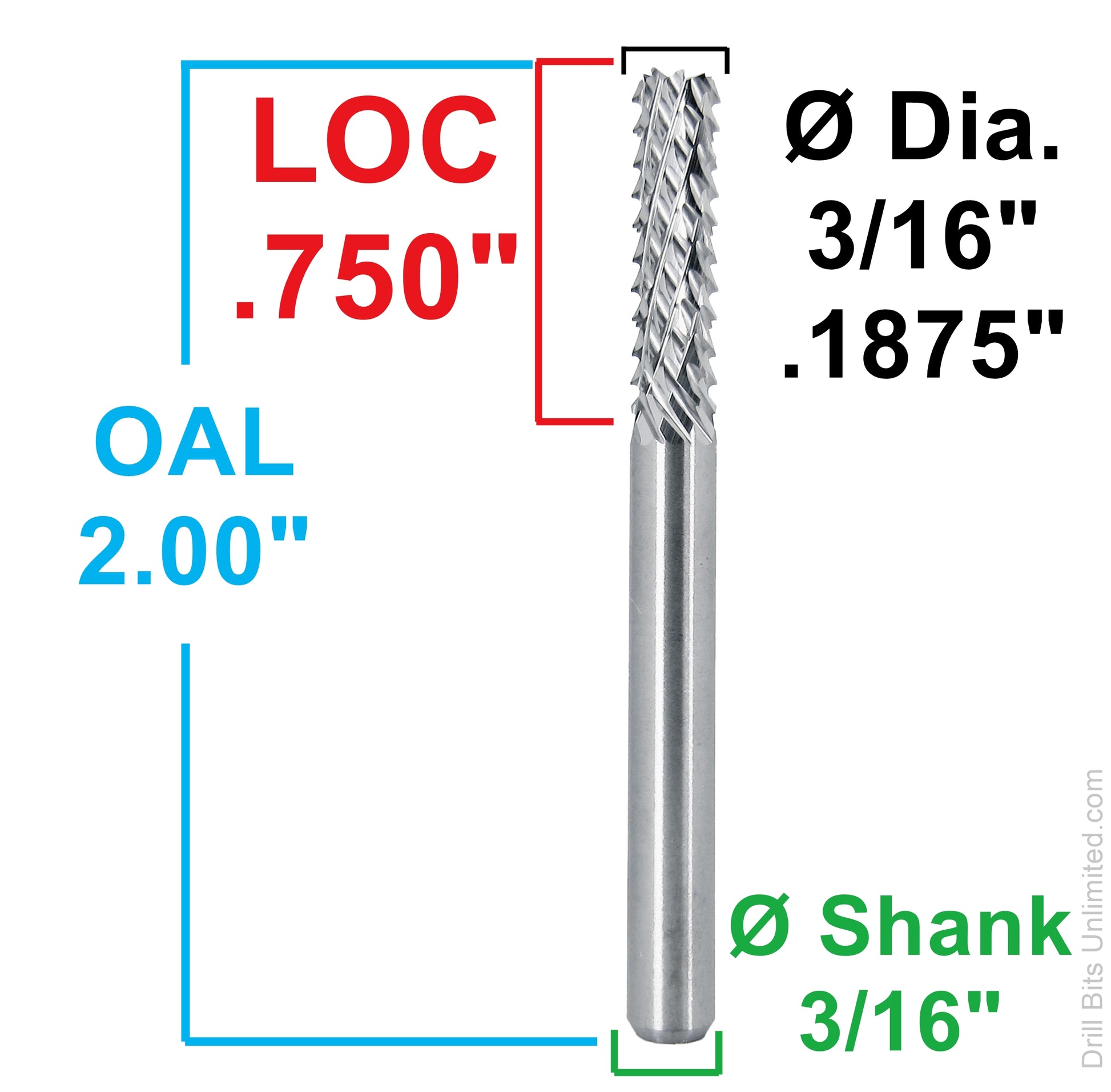 Dimensional image of 3/16 diamond pattern carbide router bit showing .750 LOC, 2.00 overall length, and 3/16 shank