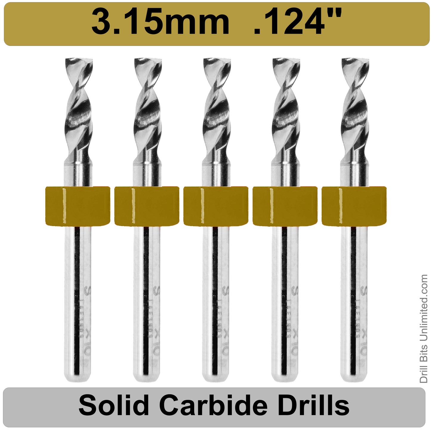 .124" 3.15mm - Drill Bits - FIVE Piece Set with 1/8" Shanks Solid Carbide