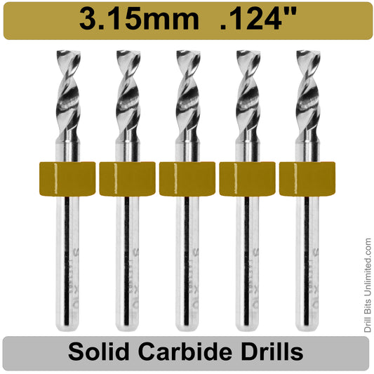 .124" 3.15mm - Drill Bits - FIVE Piece Set with 1/8" Shanks Solid Carbide