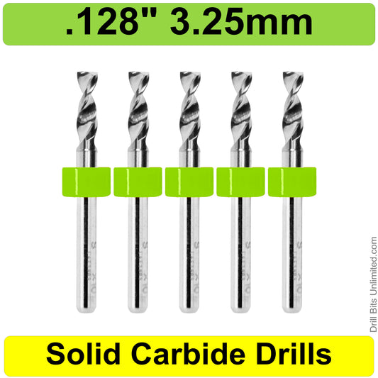 .128" 3.25mm - Drill Bits - FIVE Piece Set with 1/8" Shanks Solid Carbide