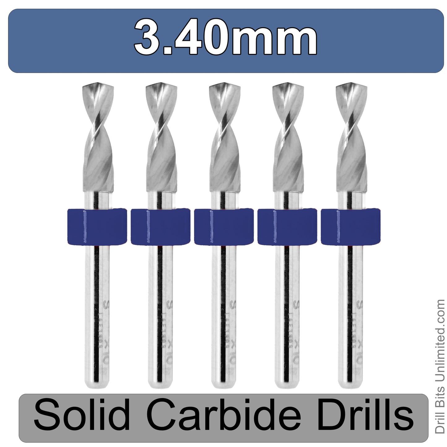 .1339" 3.40mm - Drill Bits - FIVE Piece Set with 1/8" Shanks Solid Carbide .134" 3.4mm