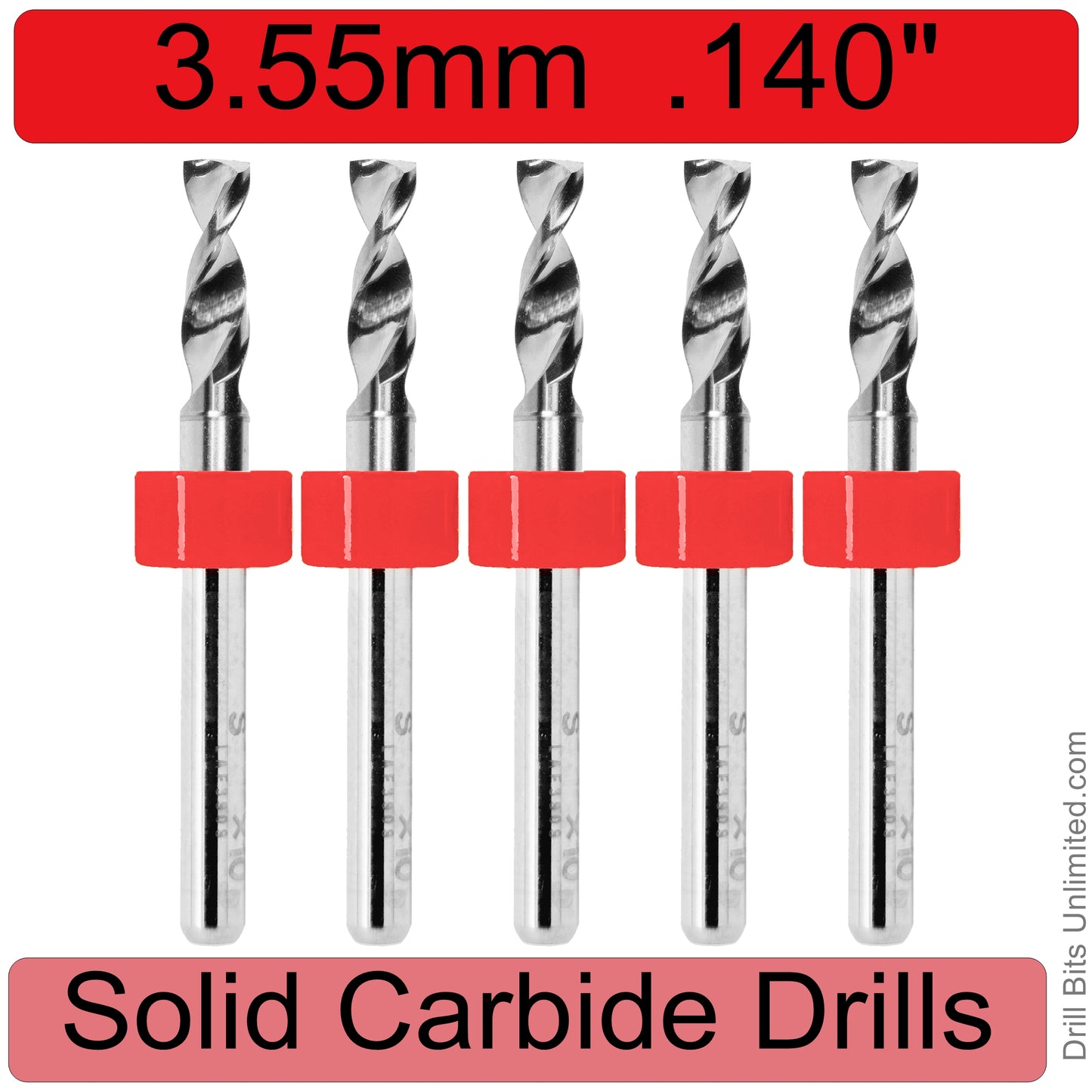 .1398" 3.55mm - Drill Bits - FIVE Piece Set with 1/8" Shanks Solid Carbide .140" .14"