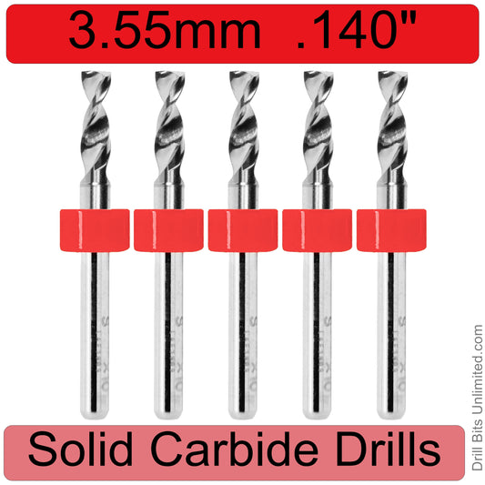 .1398" 3.55mm - Drill Bits - FIVE Piece Set with 1/8" Shanks Solid Carbide .140" .14"