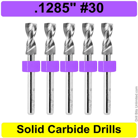 .1285" #30 - Drill Bits - FIVE Piece Set with 1/8" Shanks Solid Carbide