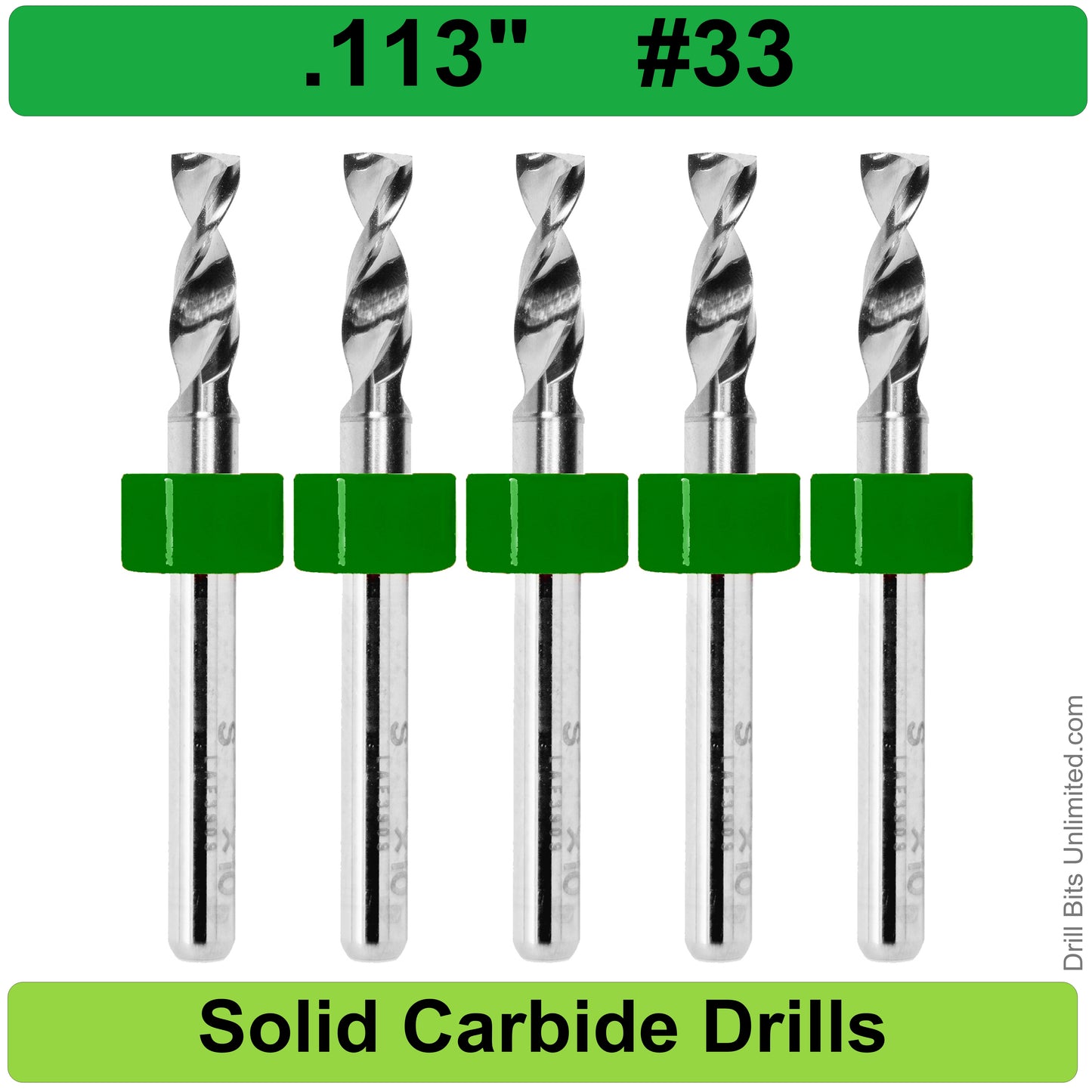 .113" #33 - Drill Bits - FIVE Piece Set with 1/8" Shanks Solid Carbide