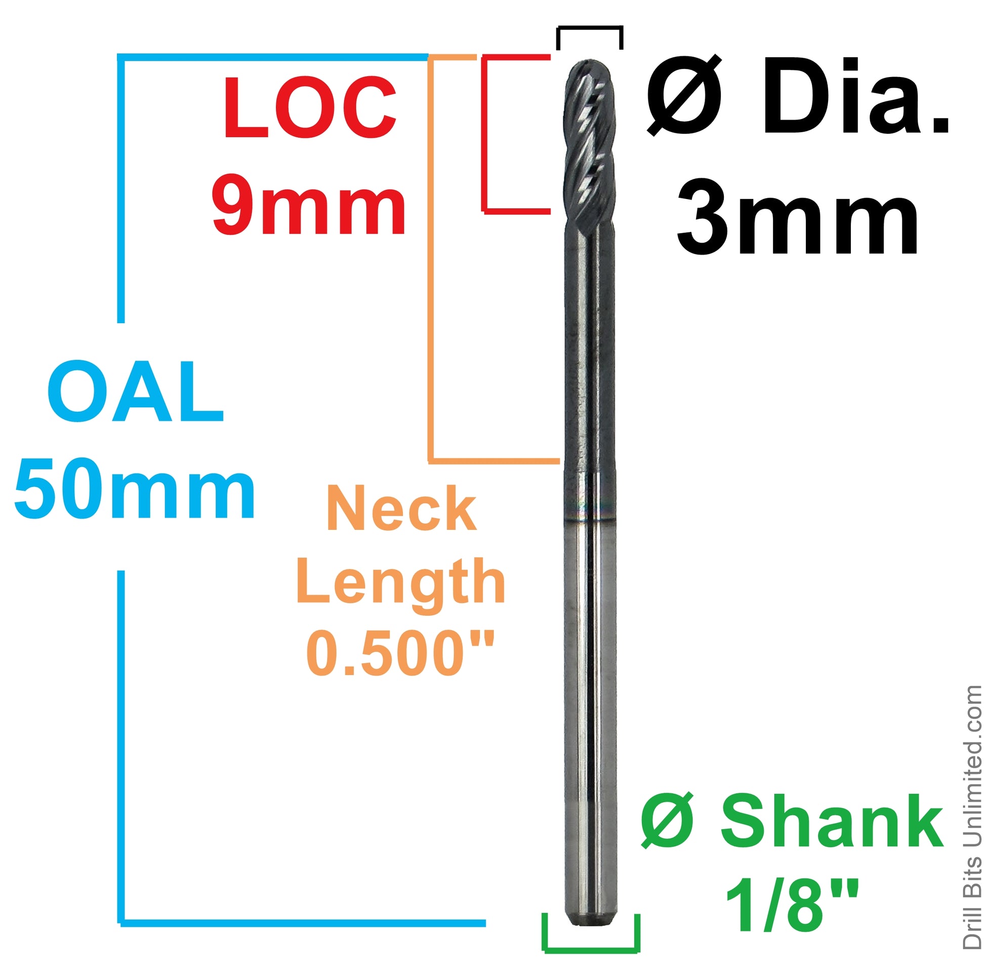 3mm ball nose end mill dimensional diagram loc 9mm oal 50mm shank 3mm