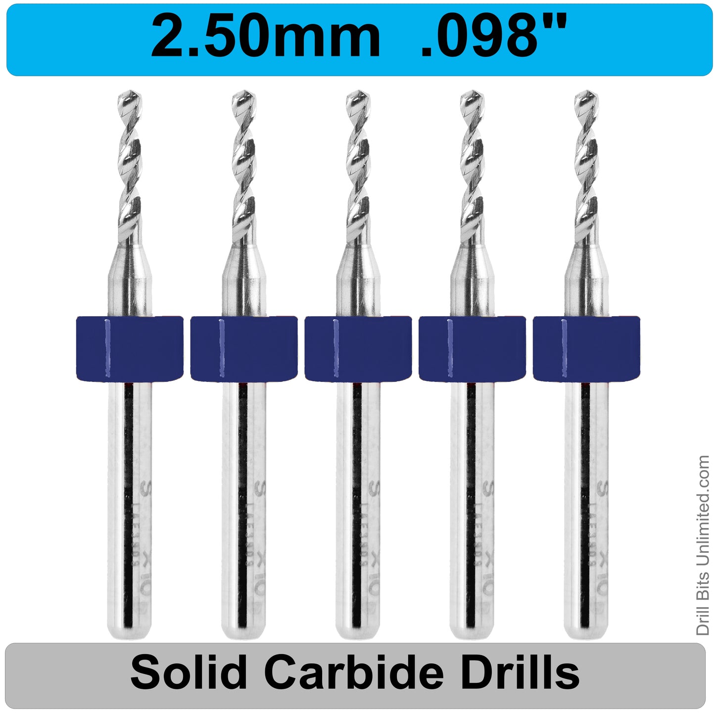 .098" 2.50mm - Drill Bits - FIVE Piece Set with 1/8" Shanks Solid Carbide 2.5mm