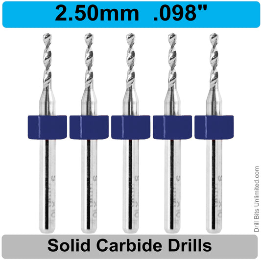 .098" 2.50mm - Drill Bits - FIVE Piece Set with 1/8" Shanks Solid Carbide 2.5mm