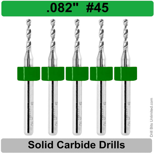 .082" #45 - Drill Bits - FIVE Piece Set with 1/8" Shanks Solid Carbide