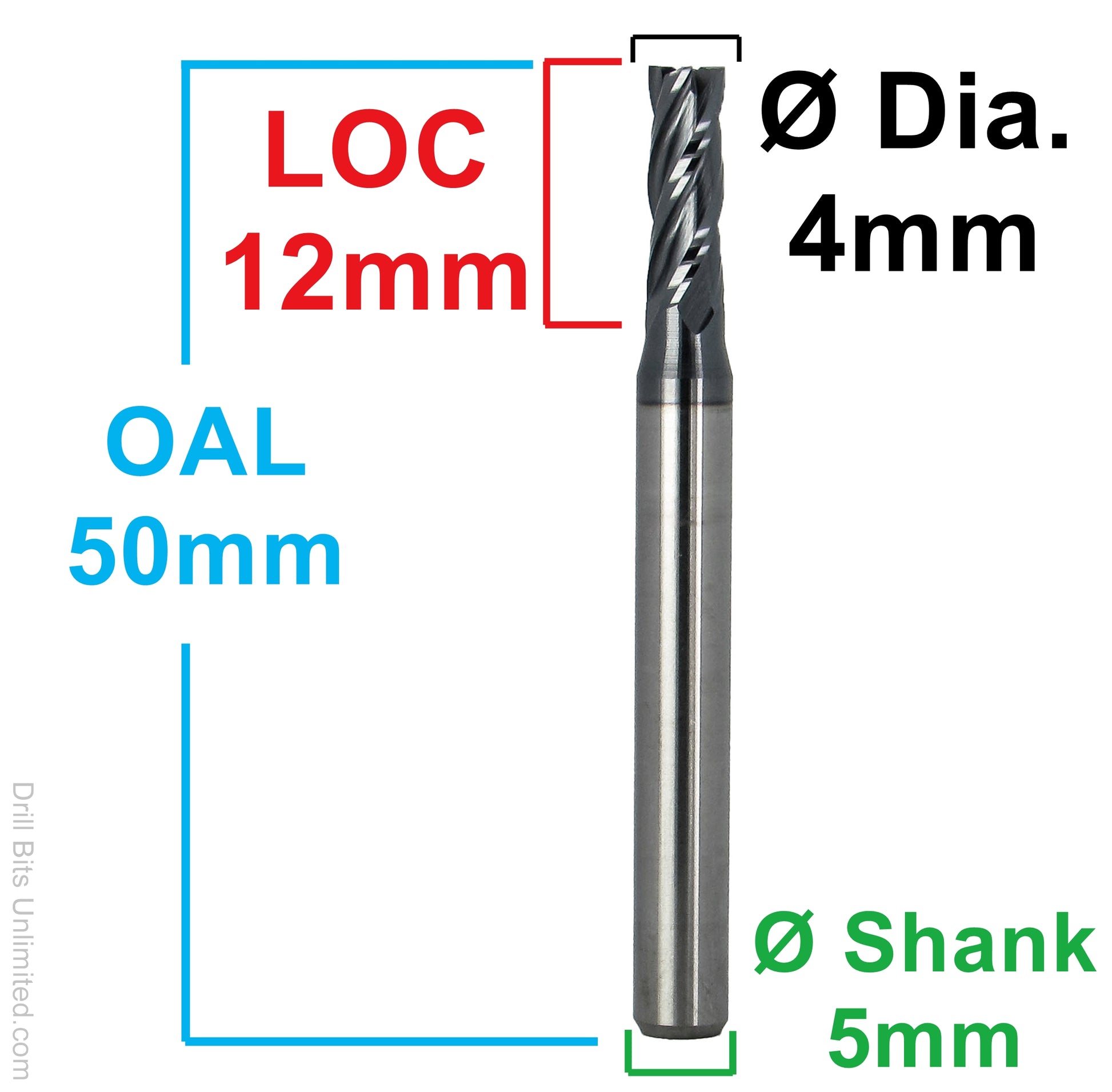 4mm square end end mill dimensional diagram loc 12mm oal 50mm shank 5mm