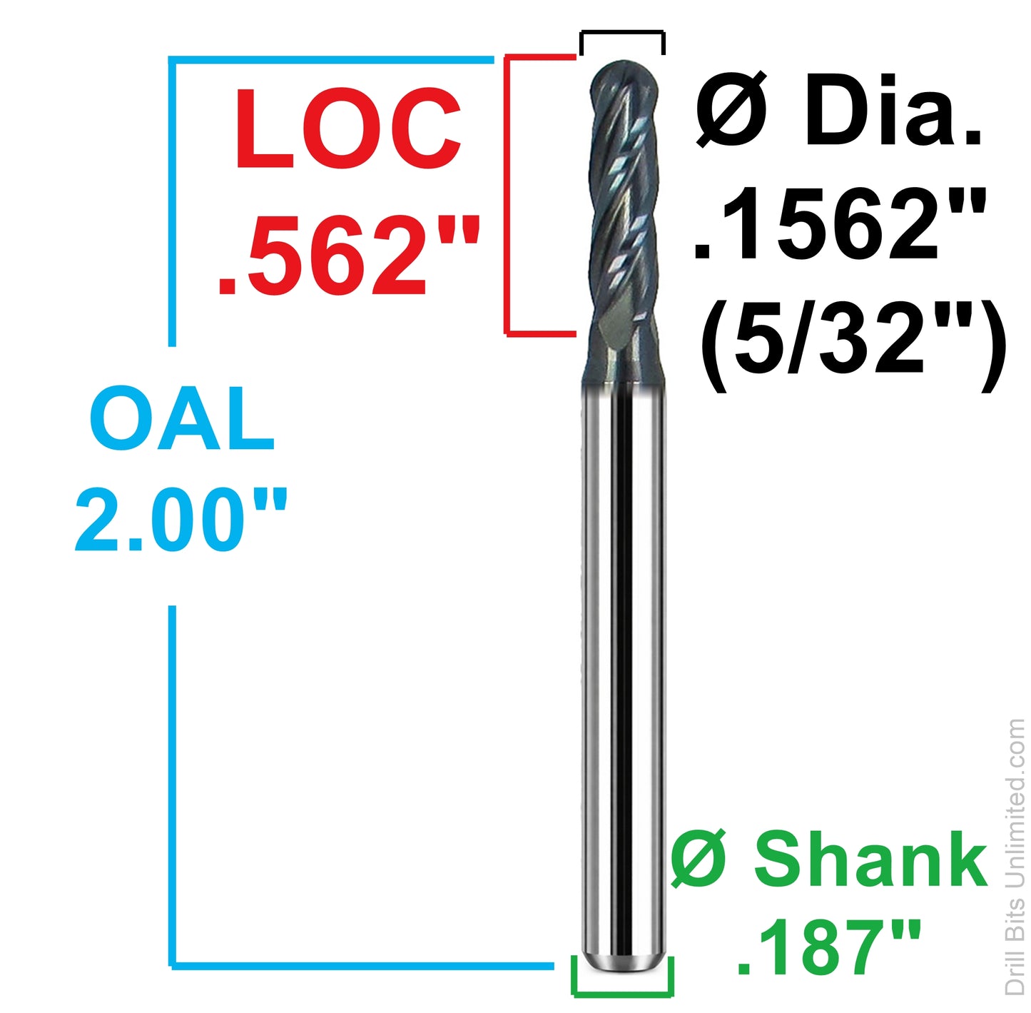 5/32 inch 0.1562 ball nose end mill dimensions loc 0.562 oal 2.0 shank 0.187