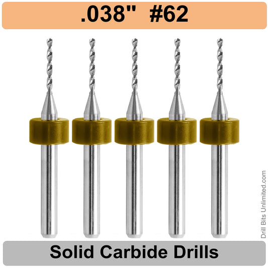 .038" #62 - Drill Bits - FIVE Piece Set with 1/8" Shanks Solid Carbide