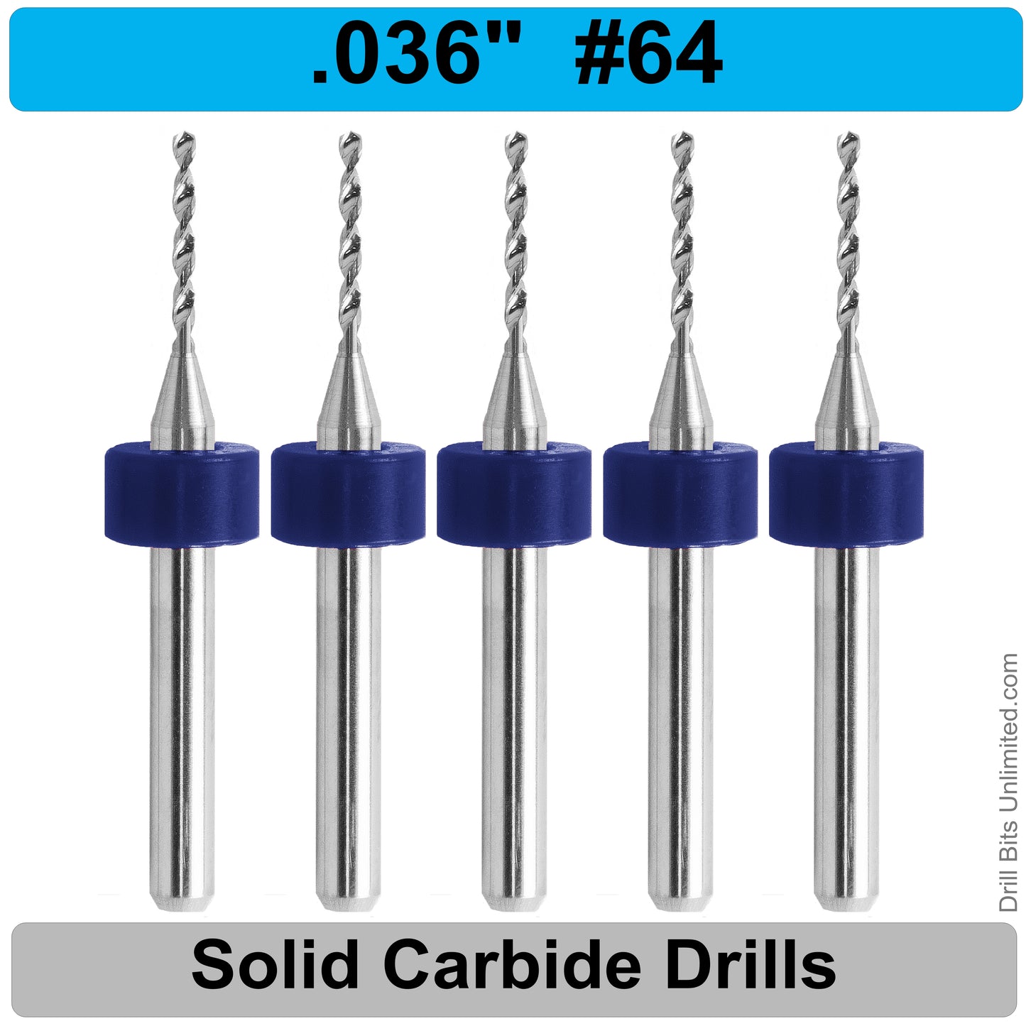 .036" #64 - Drill Bits - FIVE Piece Set with 1/8" Shanks Solid Carbide