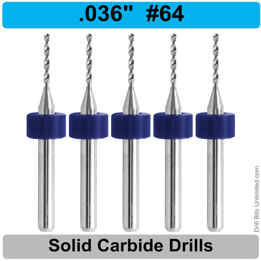 .036" #64 - Drill Bits - FIVE Piece Set with 1/8" Shanks Solid Carbide