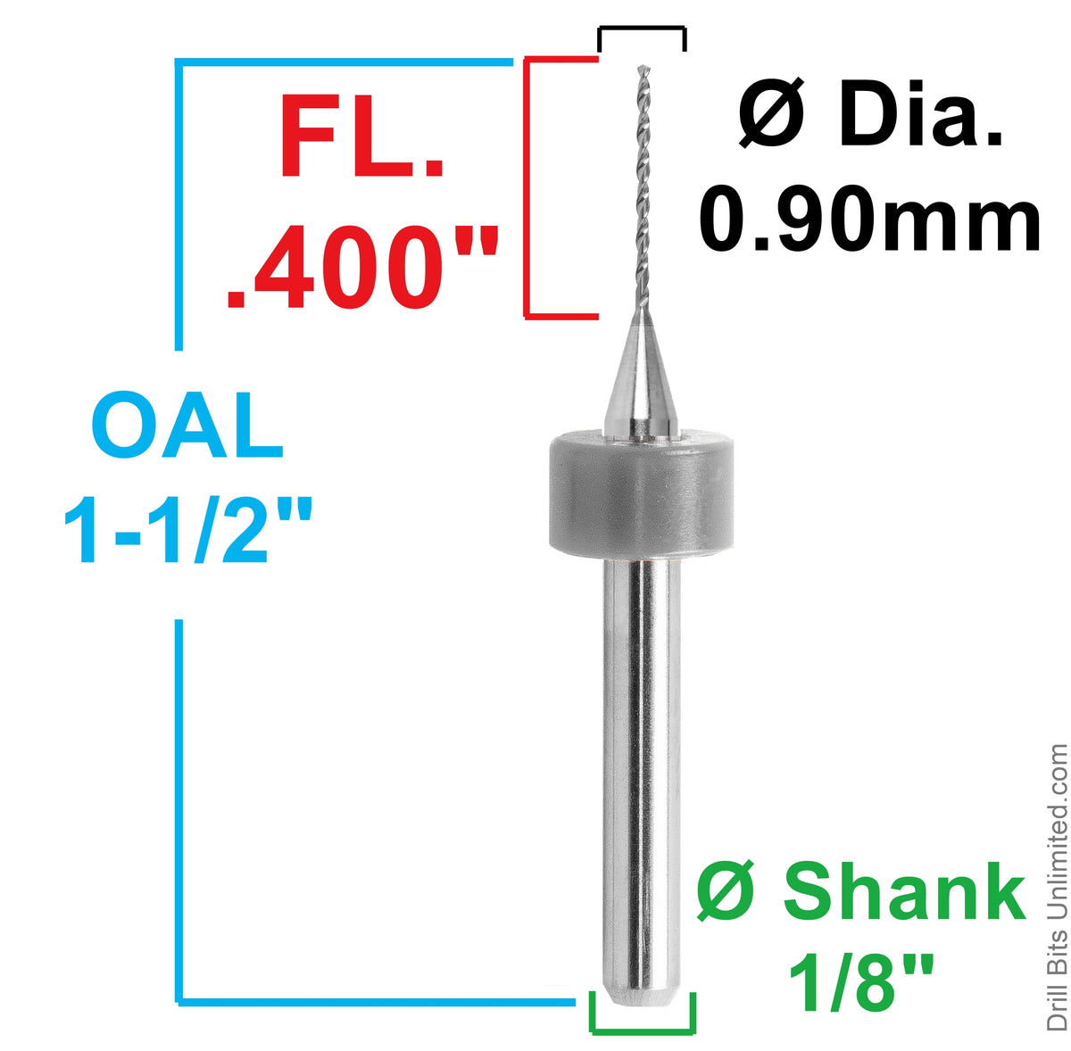 0.90mm (.0354") x .400" FL Carbide PCB Drill – 20mm LPKF Ring – 1 or 5 Pack
