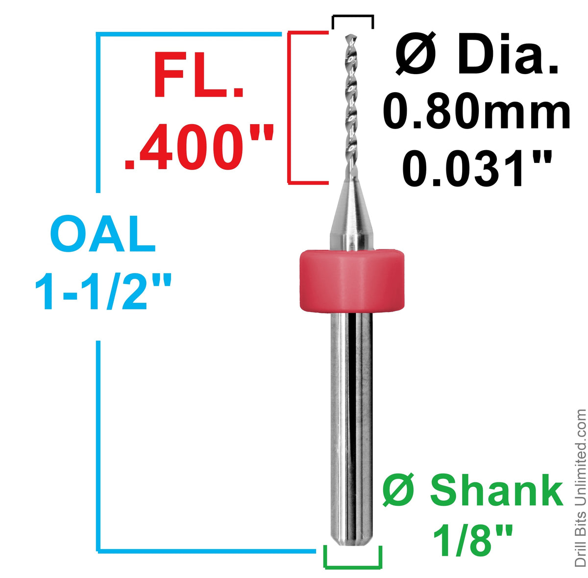 0.80mm (.0315") x .400" FL Carbide PCB Drill – 20mm LPKF Ring – 1 or 5 Pack